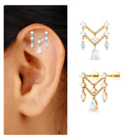 Pear Moissanite Double Chain Earring for Cartilage Piercing