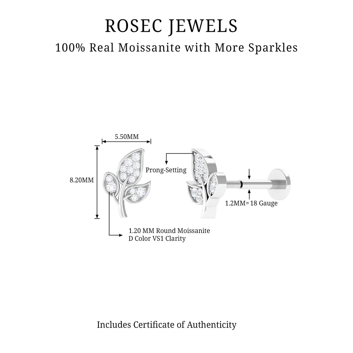 Dainty Moissanite Leaf Earring for Cartilage Piercing