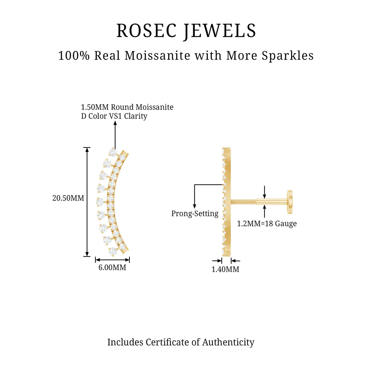 Certified Moissanite Curved Crawler Earring