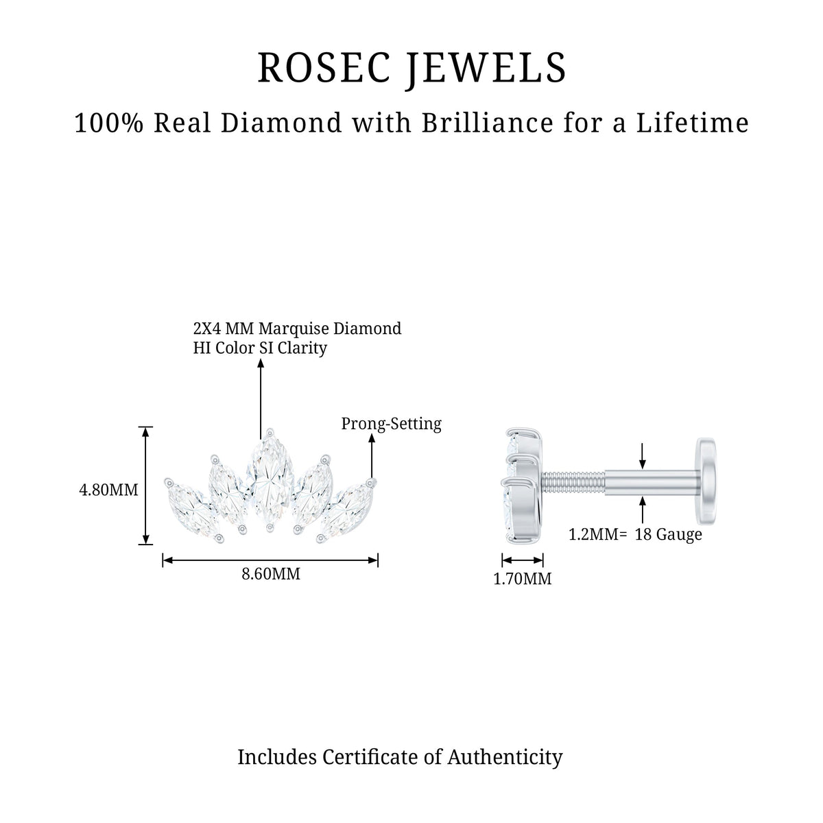 Certified Marquise Cut Diamond Helix Earring for Women