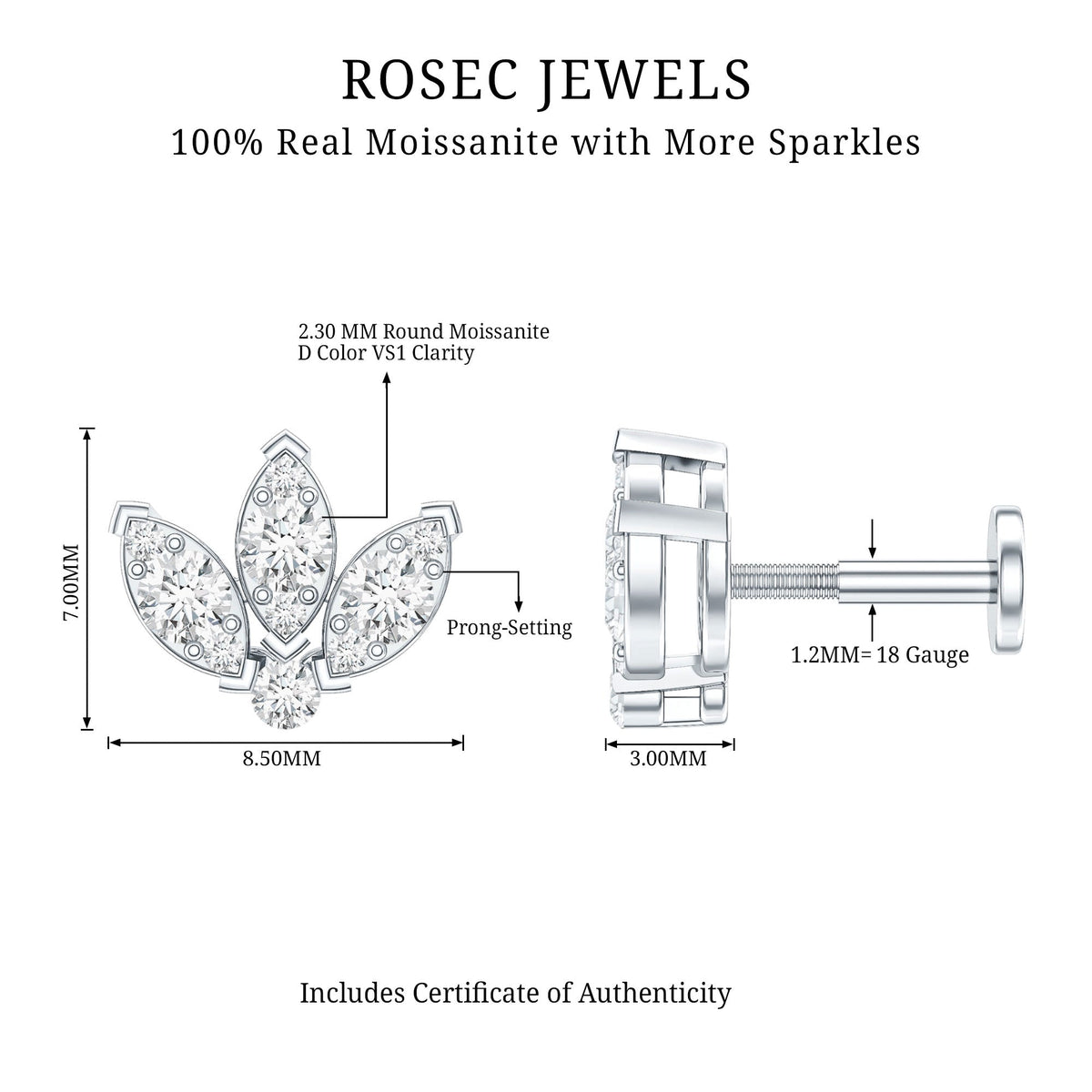 Certified Moissanite Lotus Earring for Cartilage Piercing