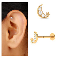 Real Diamond Moon Star Earring for Cartilage Piercing