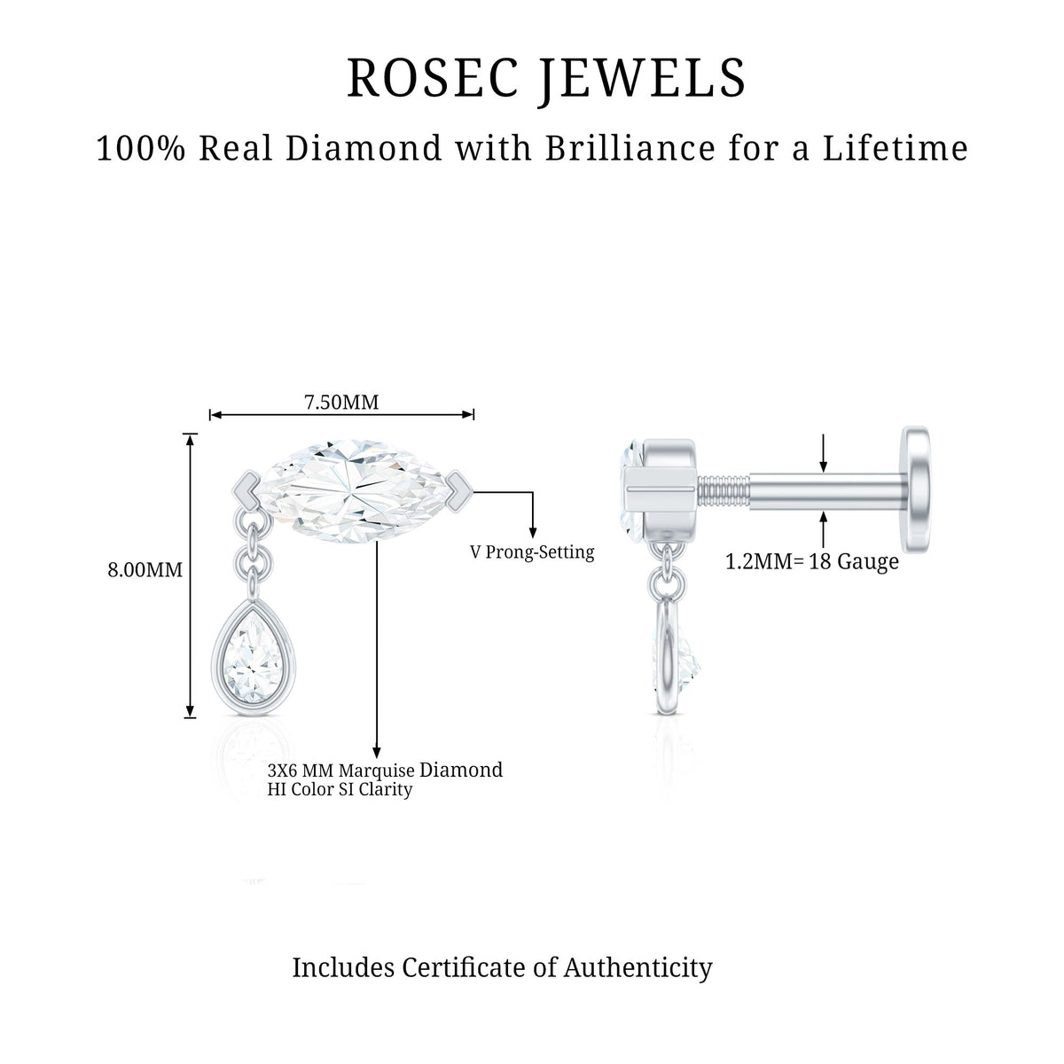 Real Marquise Diamond Cartilage Drop Earring