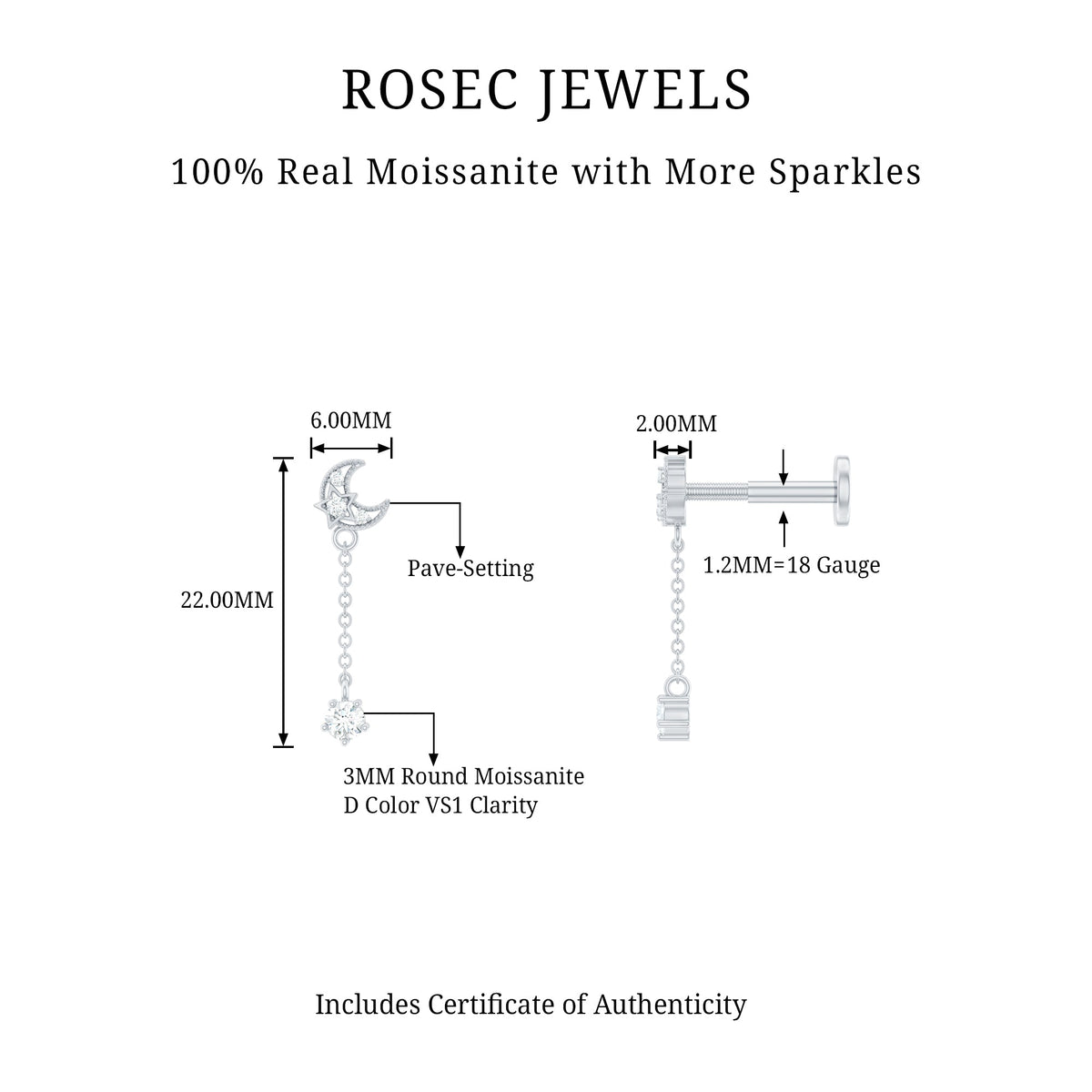 Moissanite Celestial Chain Drop Earring for Helix Piercing