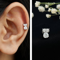 Round Cut Moissanite Owl Earring for Cartilage Piercing