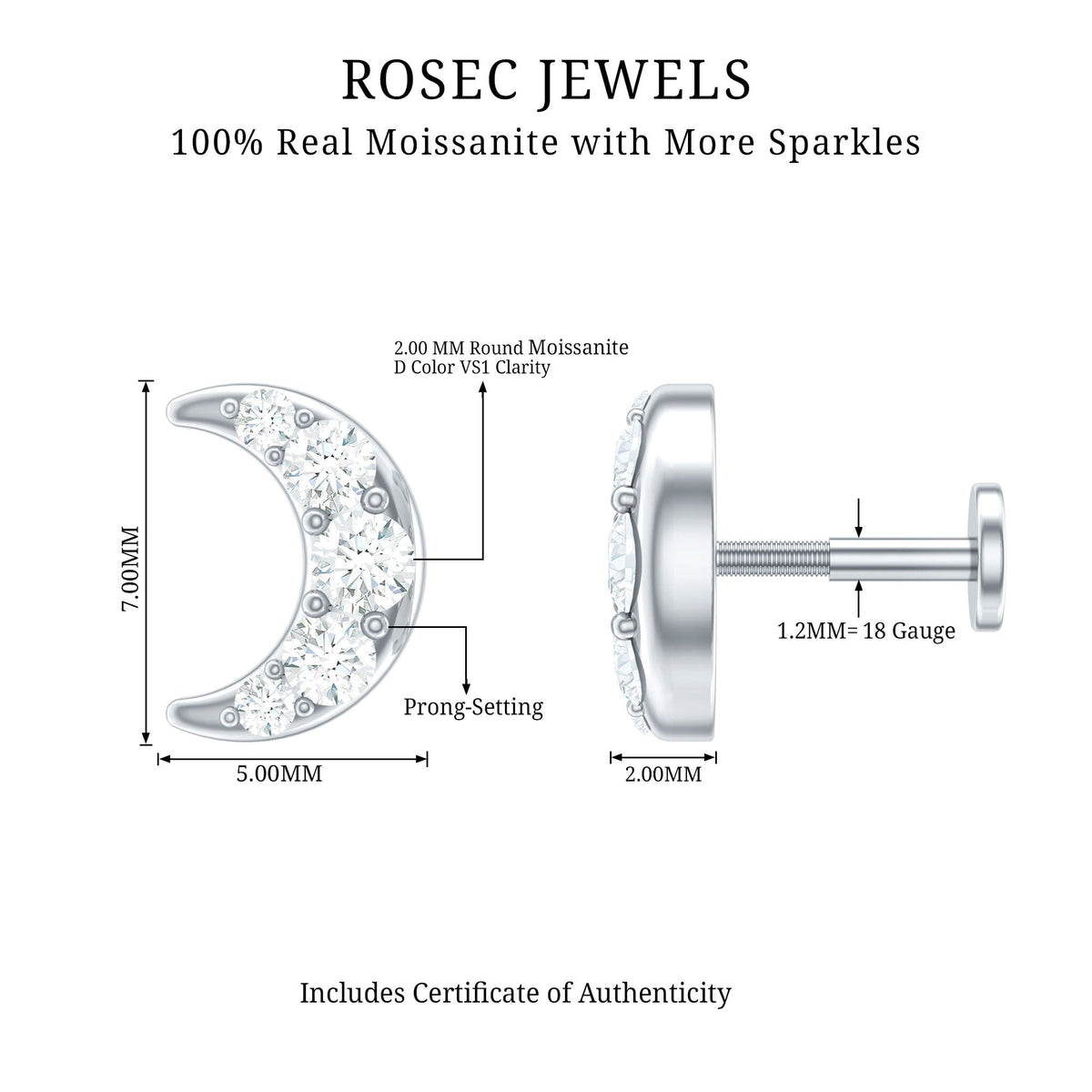 Moissanite Crescent Moon Helix Earring for Women