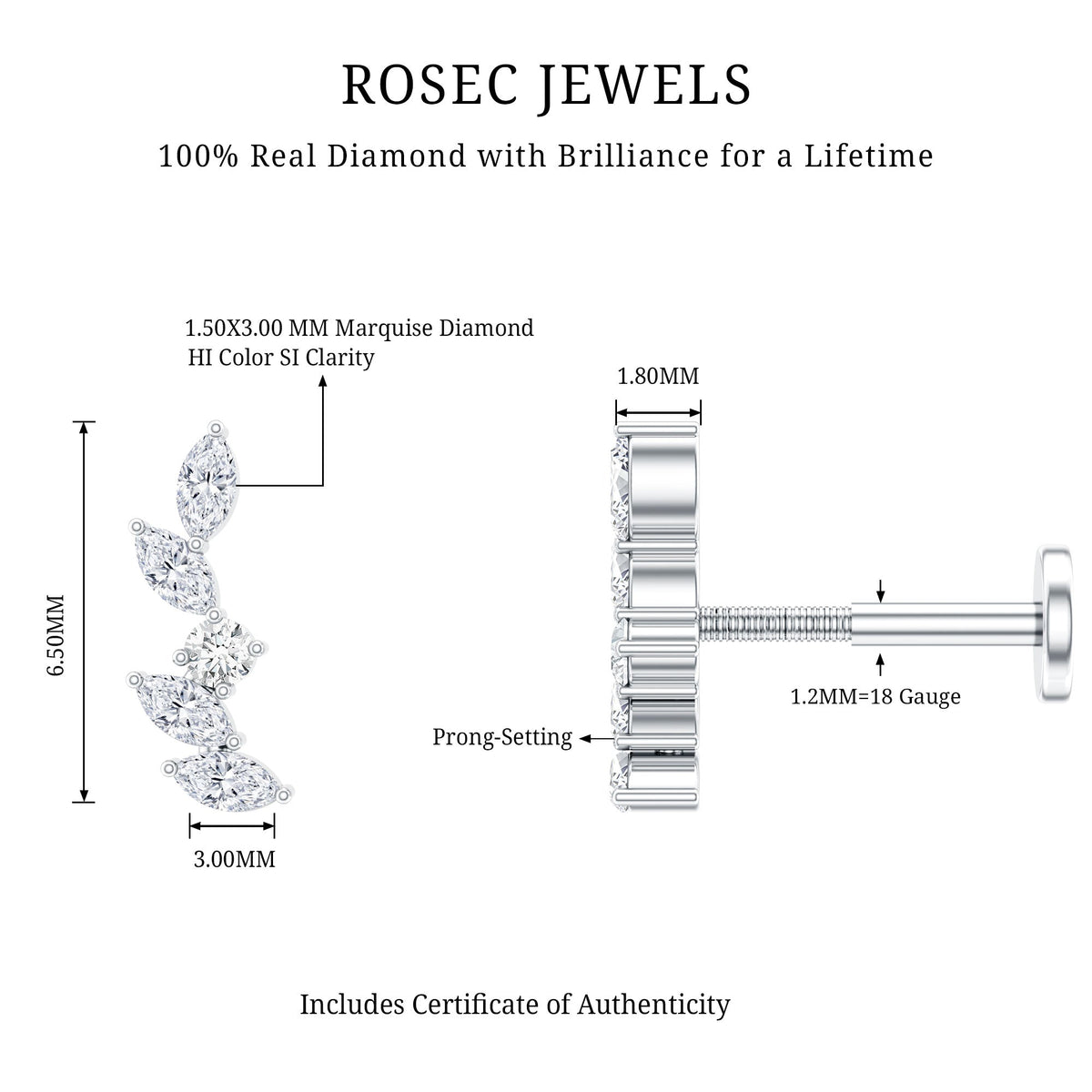 Marquise Shape Diamond Leaf Crawler Helix Earring