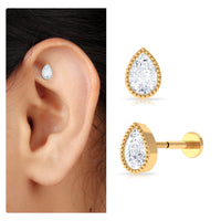 Pear Moissanite Helix Solitaire Earring in Beaded Bezel Setting