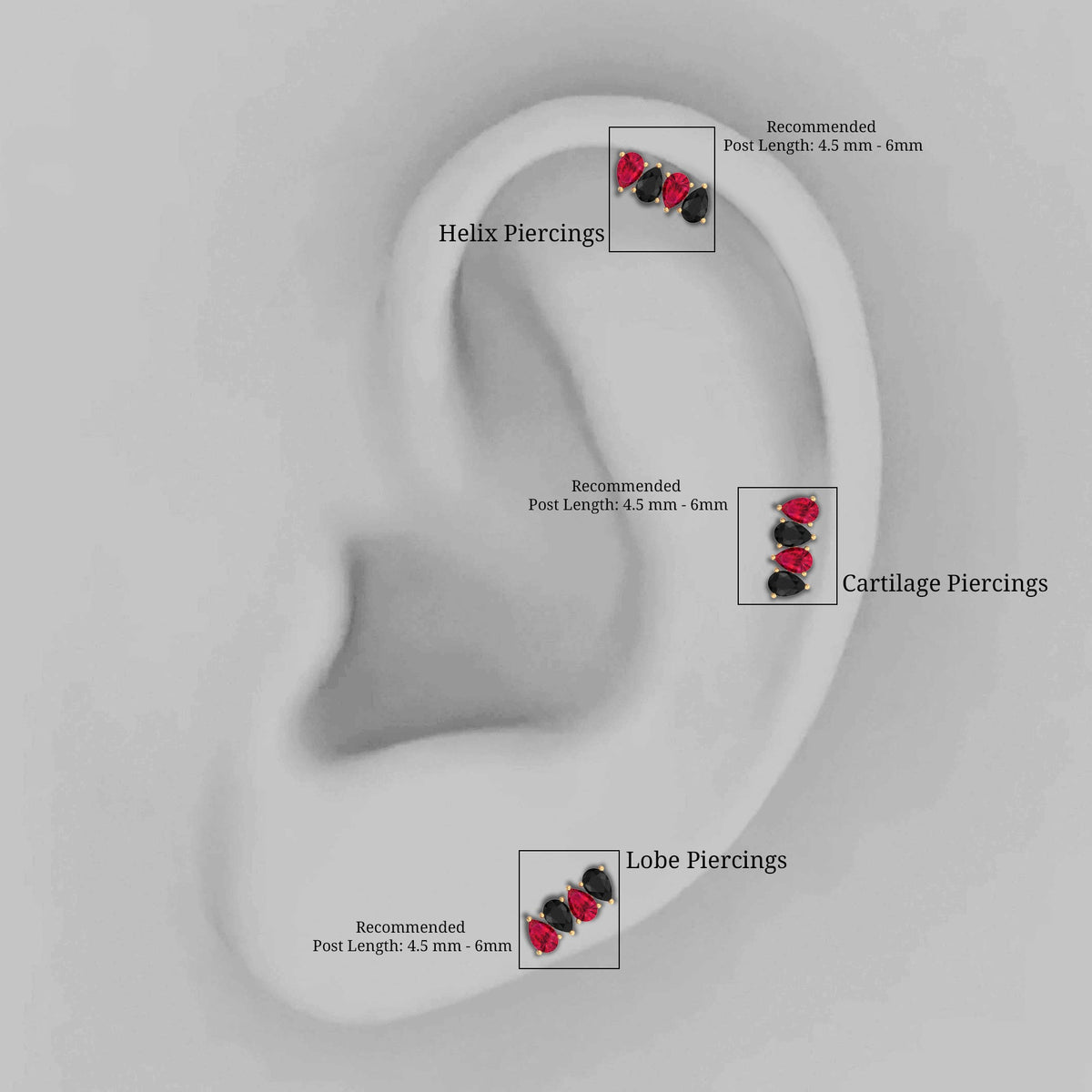 Pear Cut Ruby and Black Onyx Bar Earring for Helix Piercing