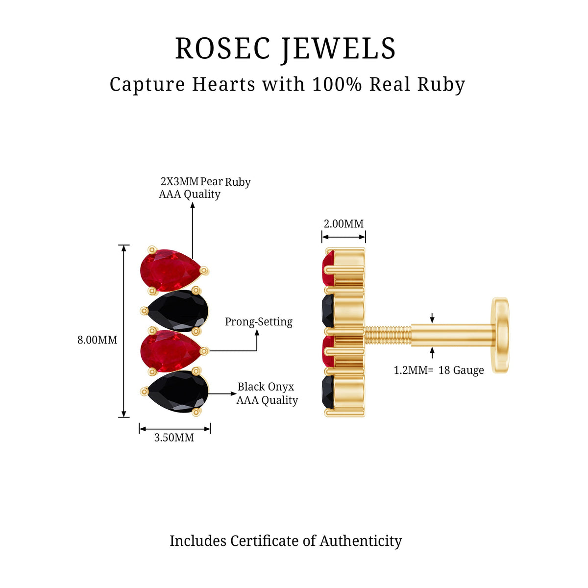 Pear Cut Ruby and Black Onyx Bar Earring for Helix Piercing