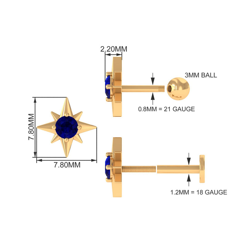 Blue sapphire starburst body jewelry earring for conch piercing by Rosec Jewels, featuring a vibrant blue gemstone design.
