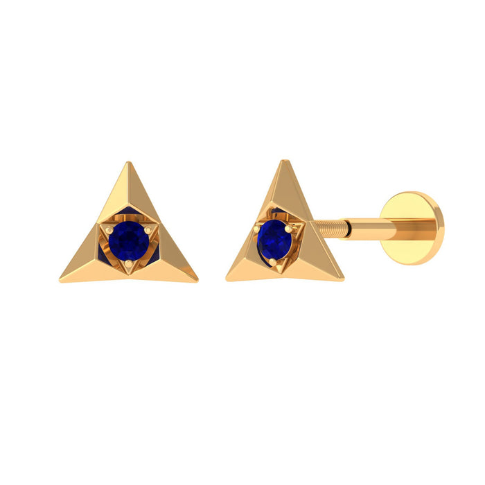 Blue sapphire triangle helix earring by Rosec Jewels, body jewelry with a striking blue sapphire gemstone and sleek triangle design.