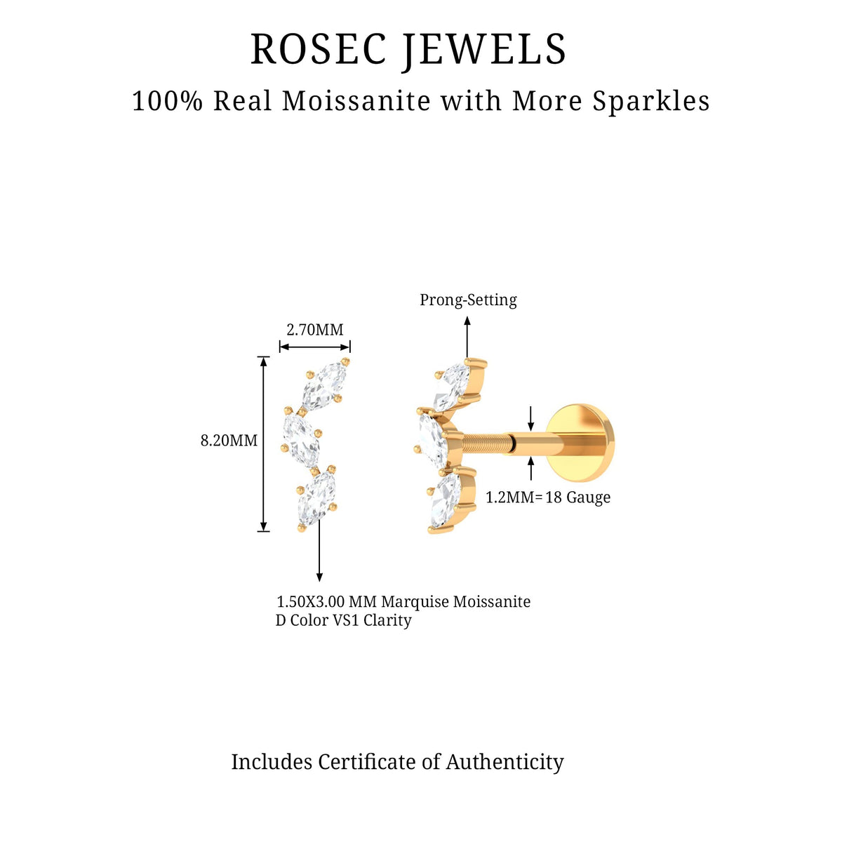 Marquise Cut Moissanite 3 Stone Tragus Earring