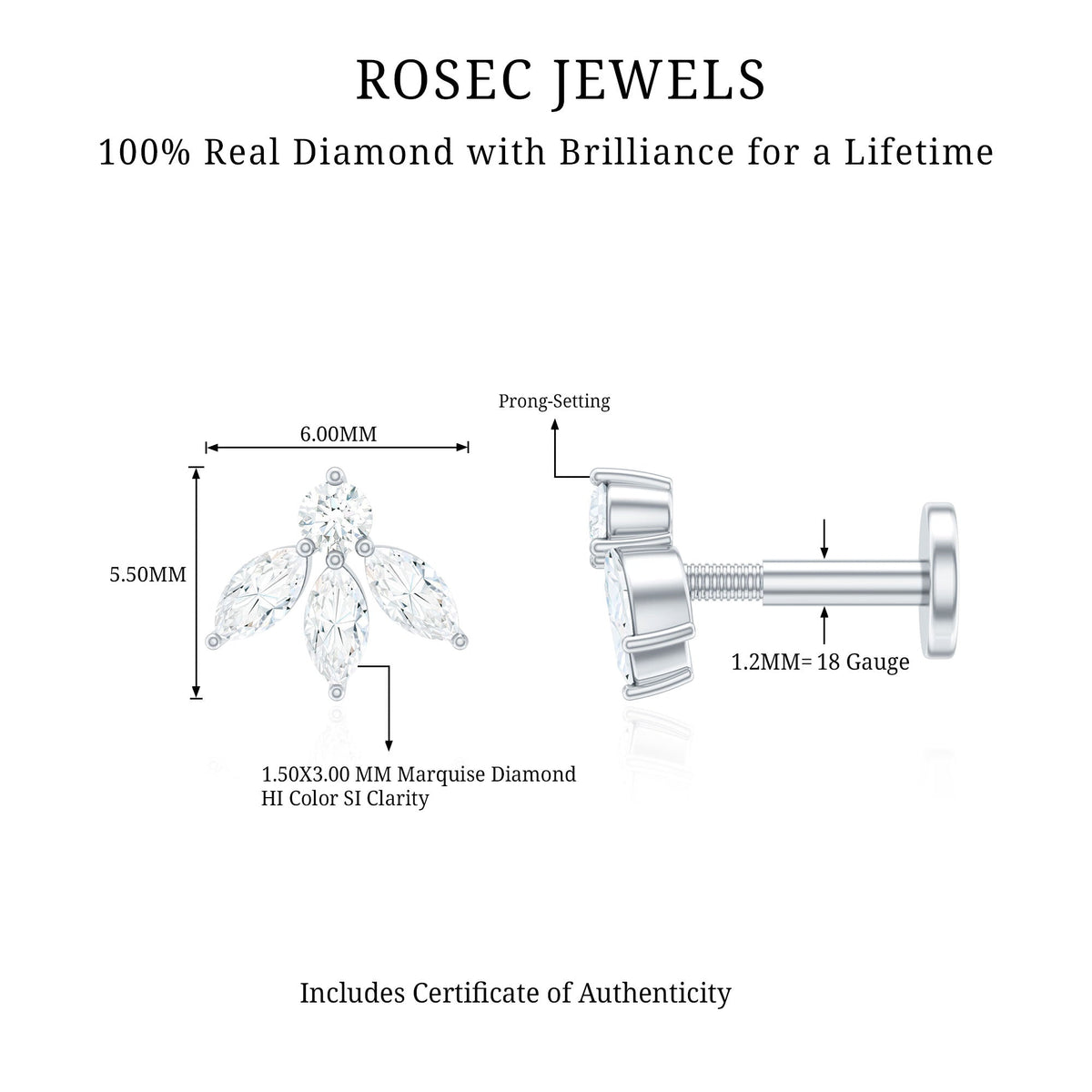 Marquise Shape Diamond Leaf Earring for Helix Piercing