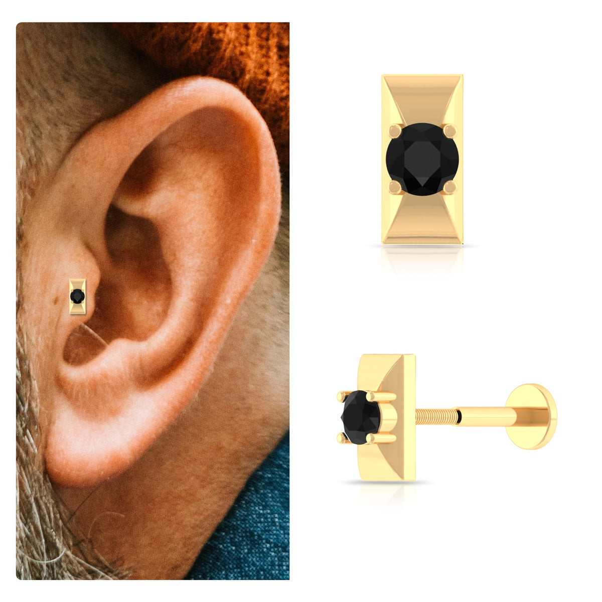 Round Cut Solitaire Black Onyx Bar Tragus Earring