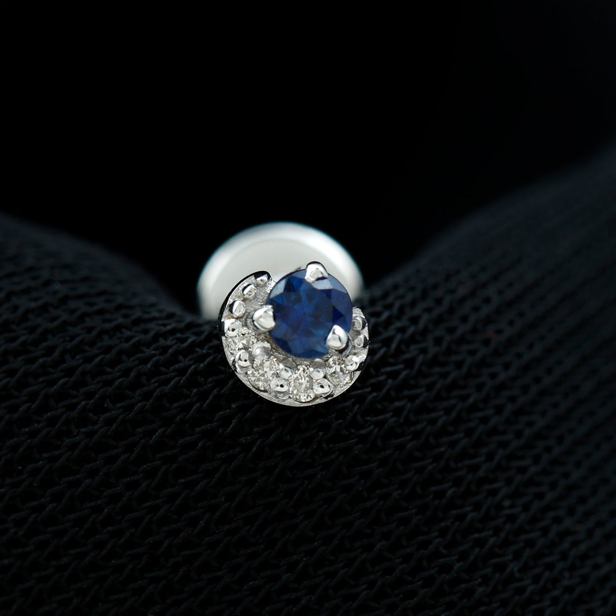 Dainty Blue Sapphire and Diamond Moon Helix Earring