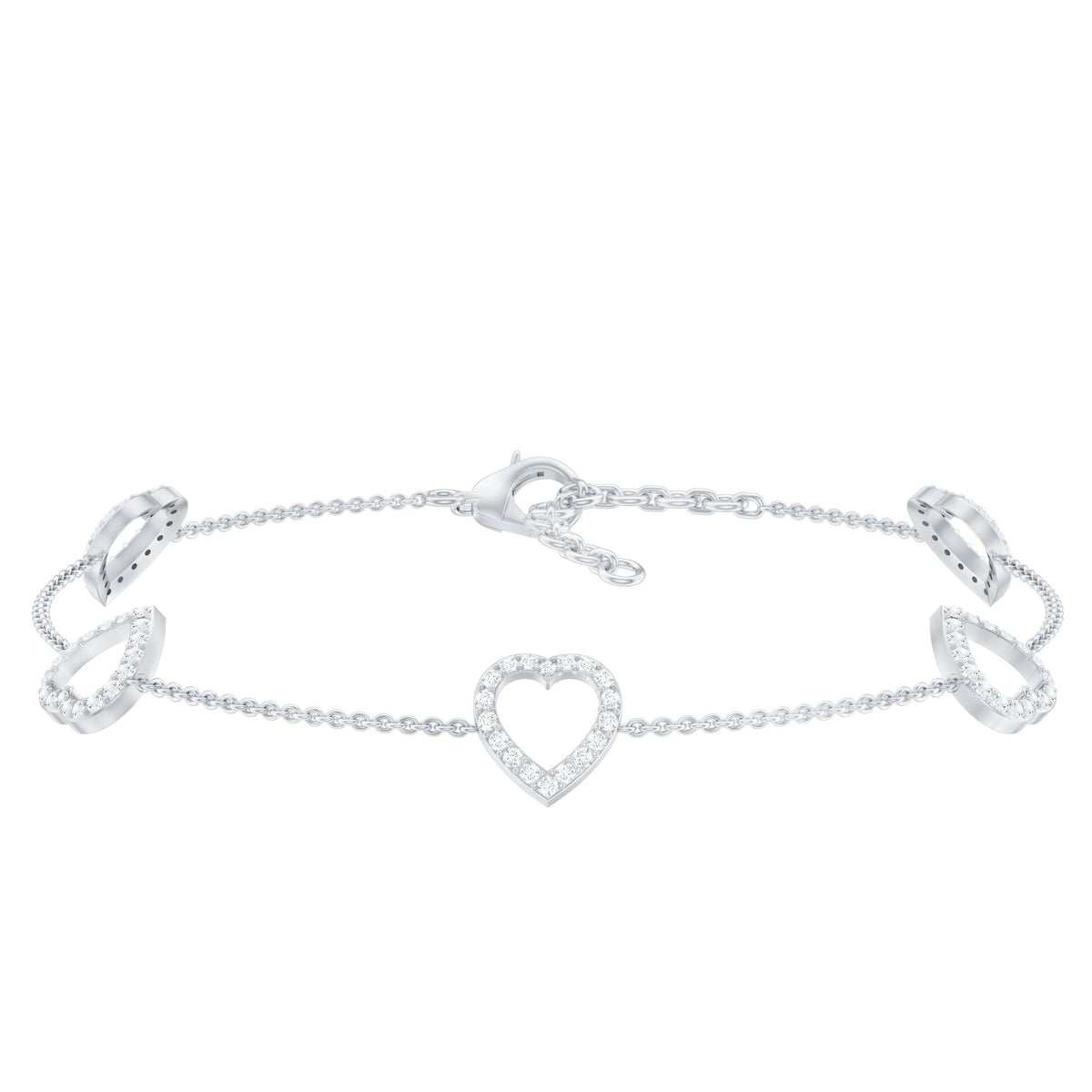 Rosec Jewels certified diamond heart chain bracelet with prong setting, featuring sparkling diamonds on a delicate jewelry piece.