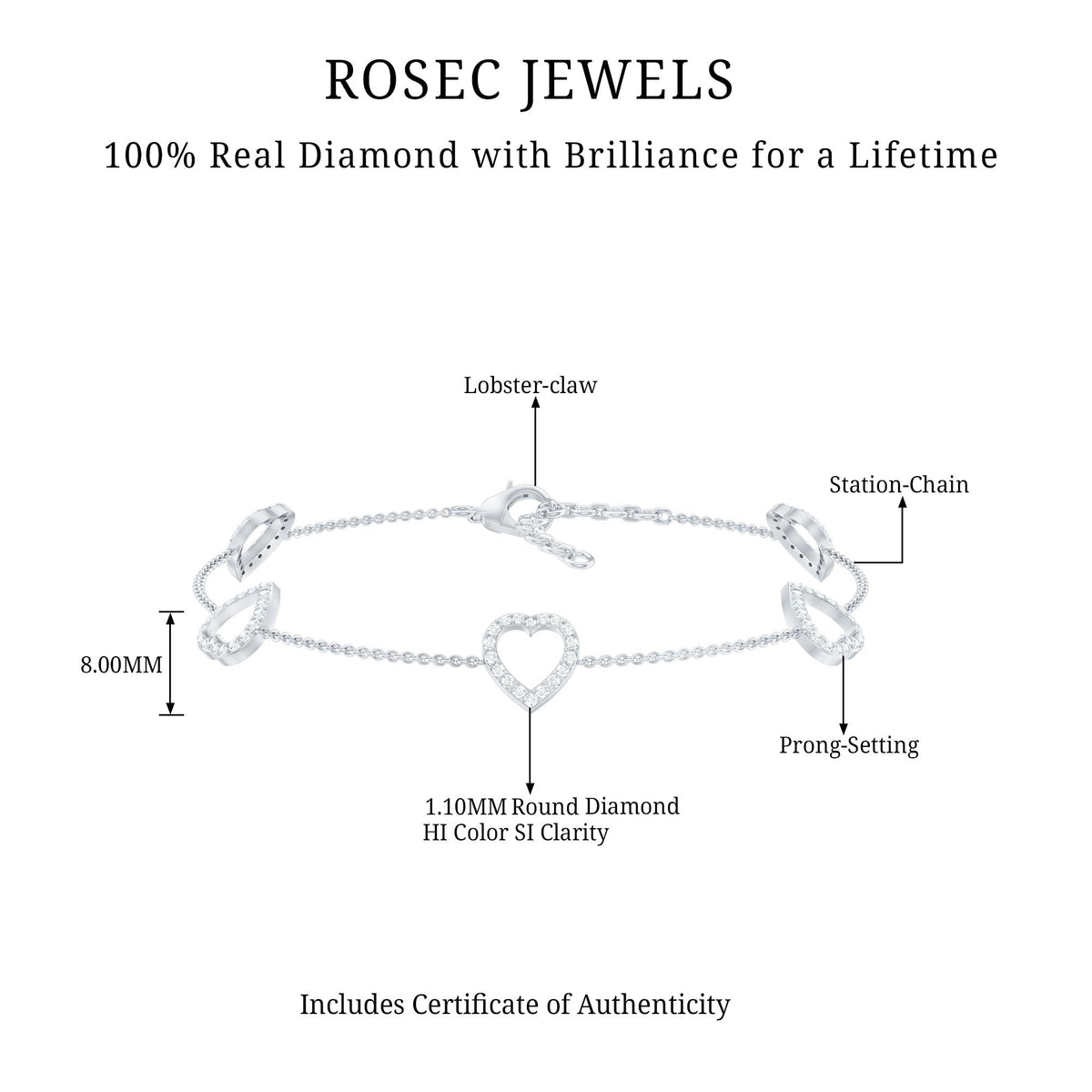 Rosec Jewels certified diamond heart chain bracelet with prong setting, featuring sparkling diamonds on a delicate silver chain.