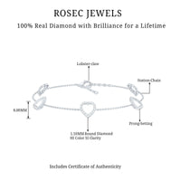 Rosec Jewels certified diamond heart chain bracelet with prong setting, featuring sparkling diamonds on a delicate silver chain.