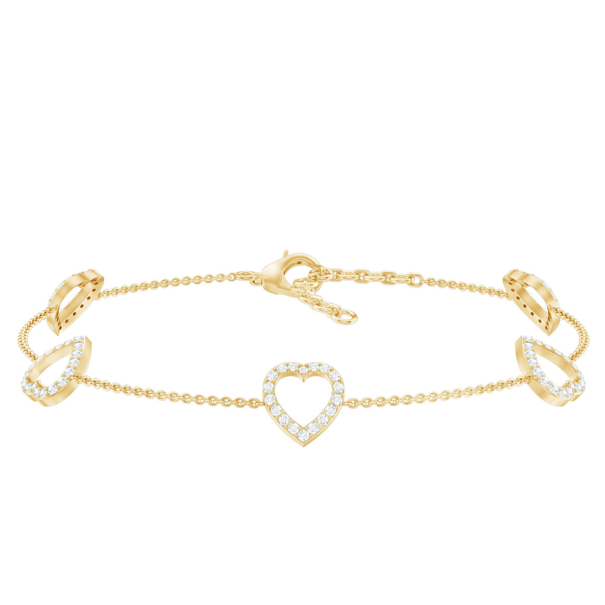 Certified diamond heart chain bracelet by Rosec Jewels featuring a prong setting with sparkling diamonds.