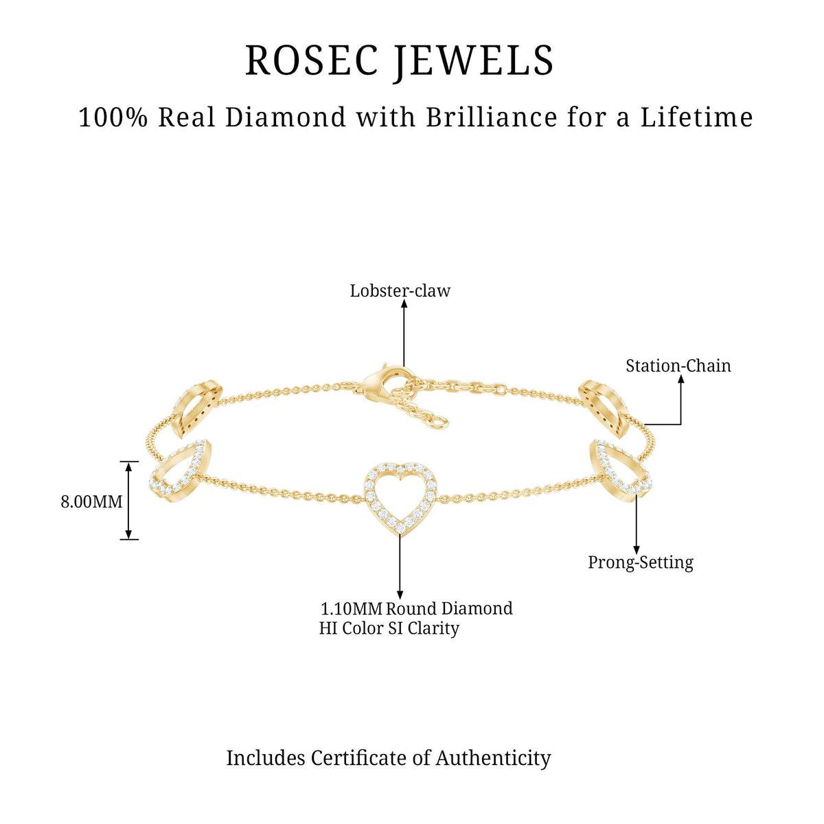 Rosec Jewels certified diamond heart chain bracelet with prong setting, showcasing sparkling diamonds on a delicate silver bracelet.