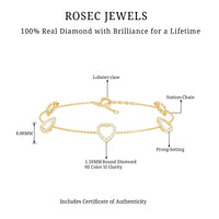 Rosec Jewels certified diamond heart chain bracelet with prong setting, showcasing sparkling diamonds on a delicate silver bracelet.