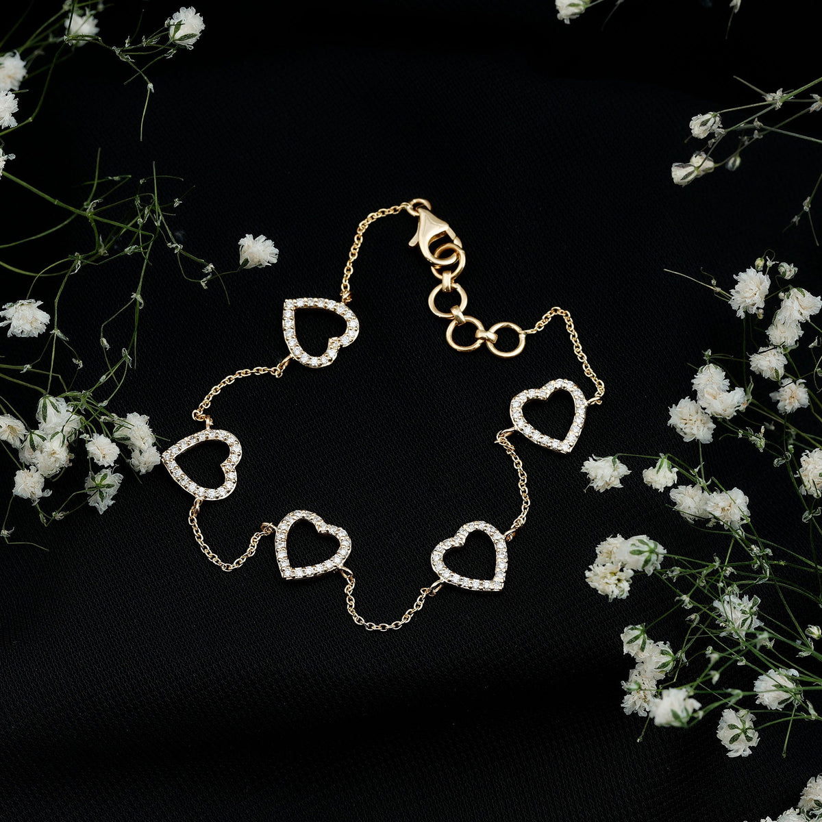 Certified diamond heart chain bracelet in prong setting with rose gold finish, featuring sparkling diamonds from Rosec Jewels.