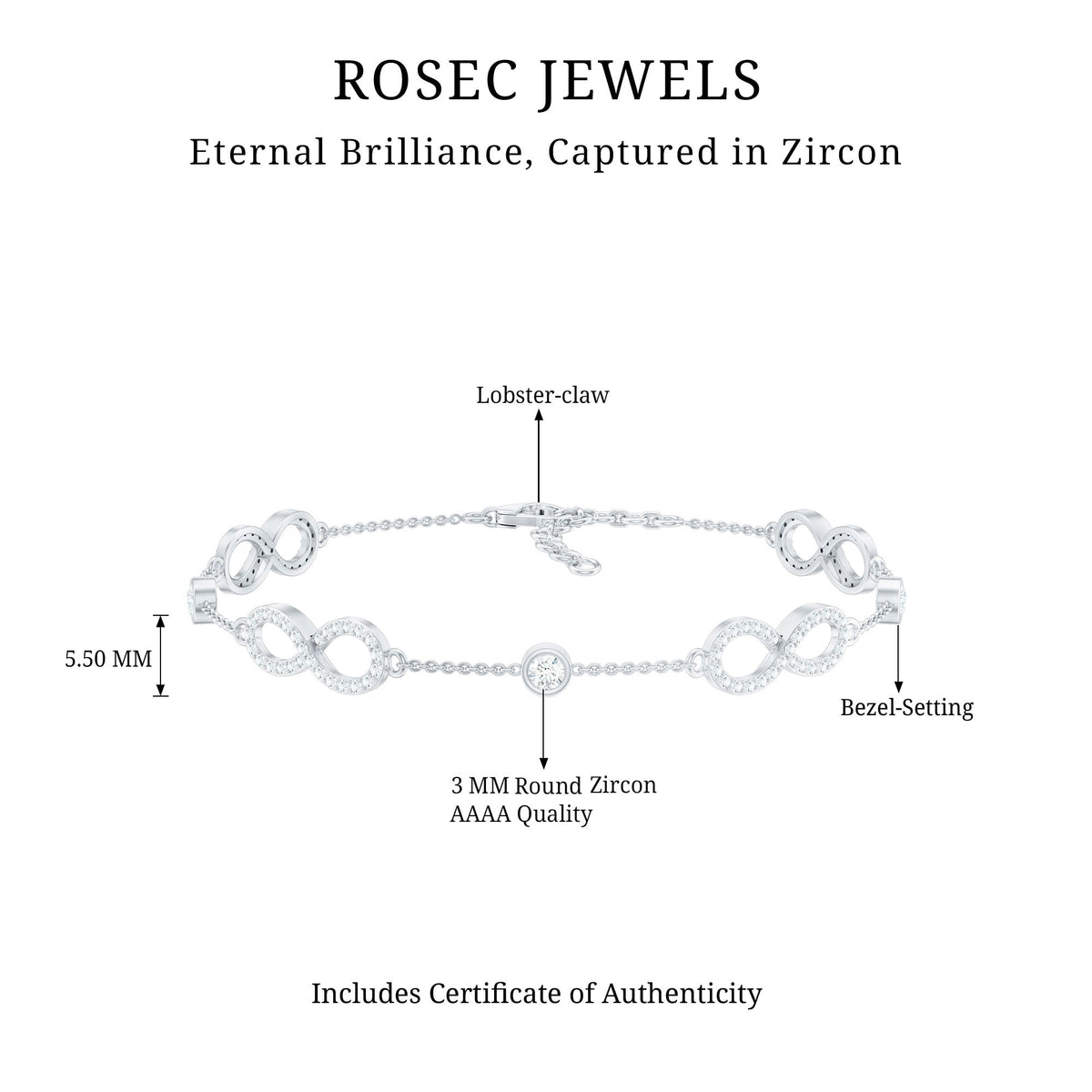 Rosec Jewels cubic zirconia infinity station chain bracelet, elegant jewelry with sparkling stones and delicate design.
