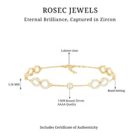 Rosec Jewels cubic zirconia infinity station chain bracelet with sparkling stones and delicate design, displayed on a neutral background.