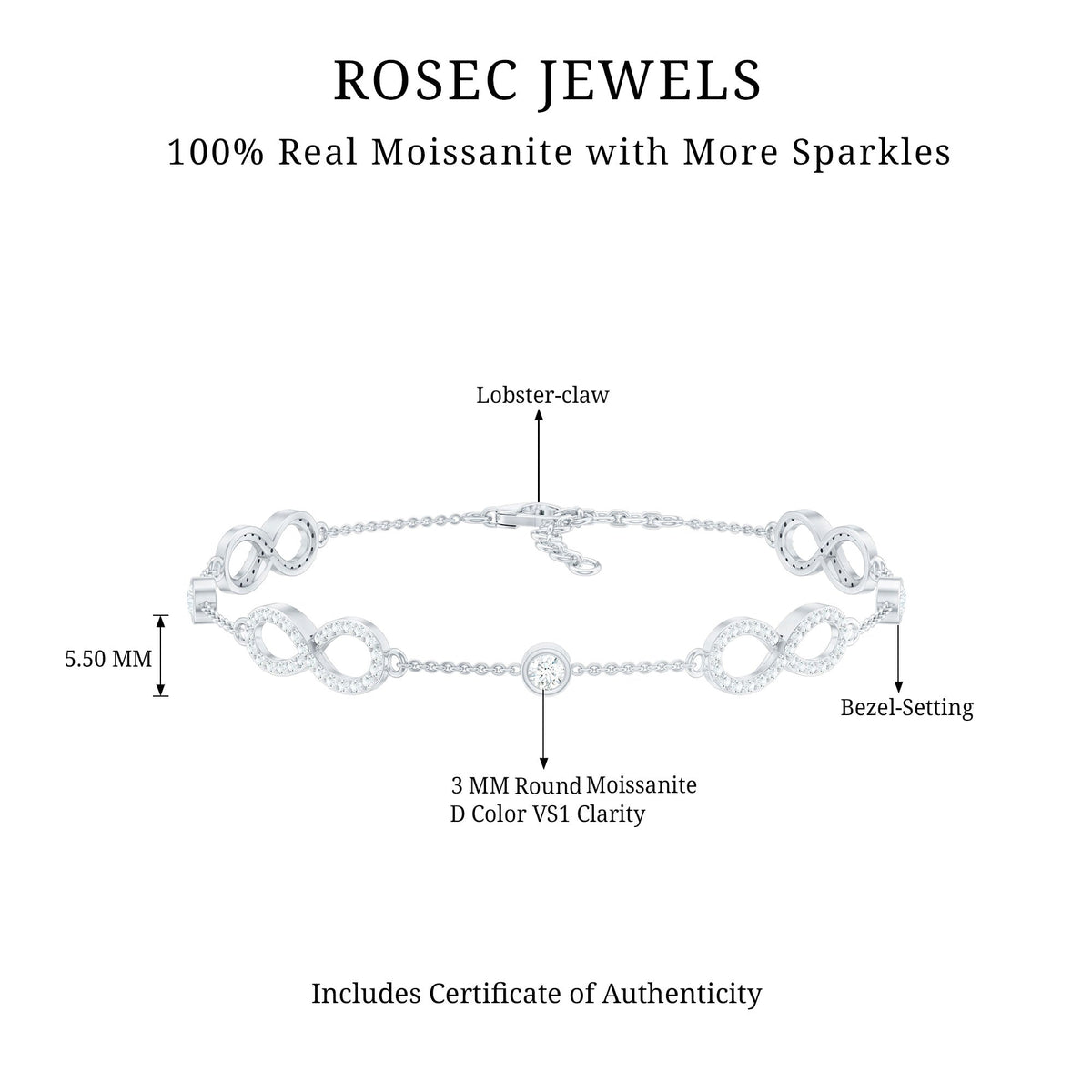 Certified Moissanite infinity chain bracelet by Rosec Jewels featuring sparkling moissanite stones on a delicate silver bracelet.