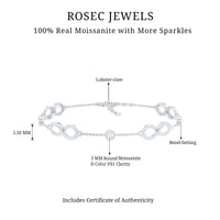 Certified Moissanite infinity chain bracelet by Rosec Jewels featuring sparkling moissanite stones on a delicate silver bracelet.