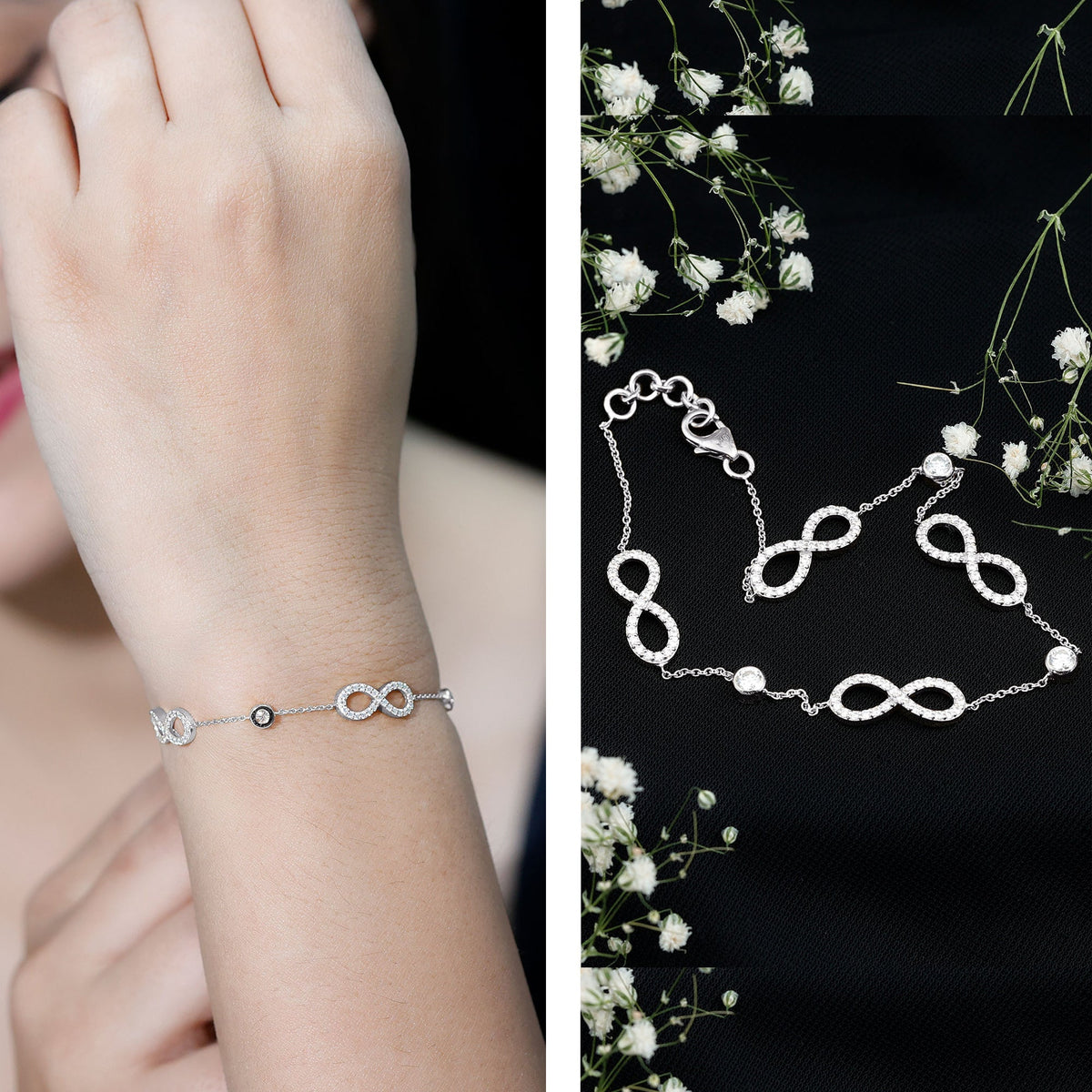 Certified Moissanite infinity chain bracelet by Rosec Jewels featuring sparkling moissanite stones and a delicate infinity design.
