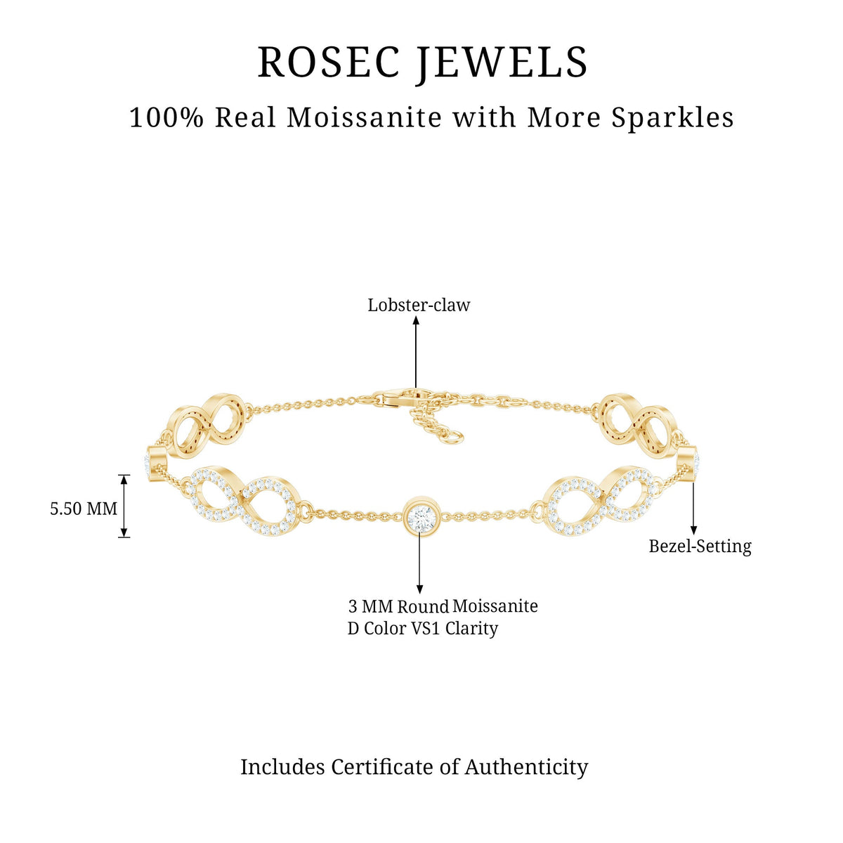 Rosec Jewels certified moissanite infinity chain bracelet with sparkling moissanite stones and intricate silver design.