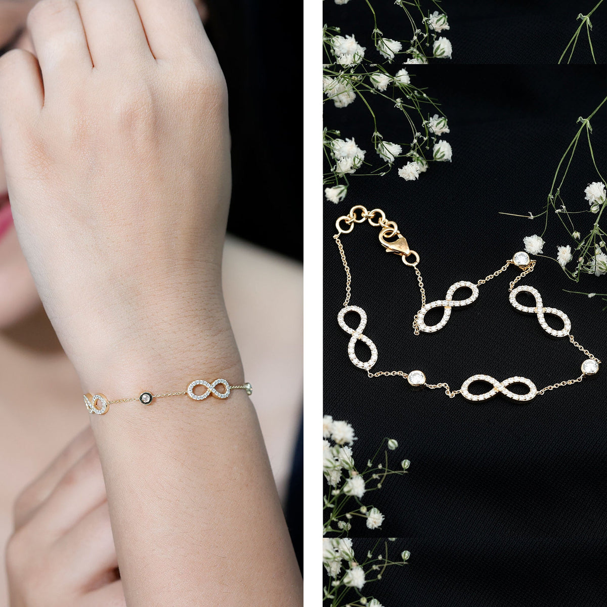 Rosec Jewels Certified Moissanite Infinity Chain Bracelet with sparkling infinity links and delicate chain design.