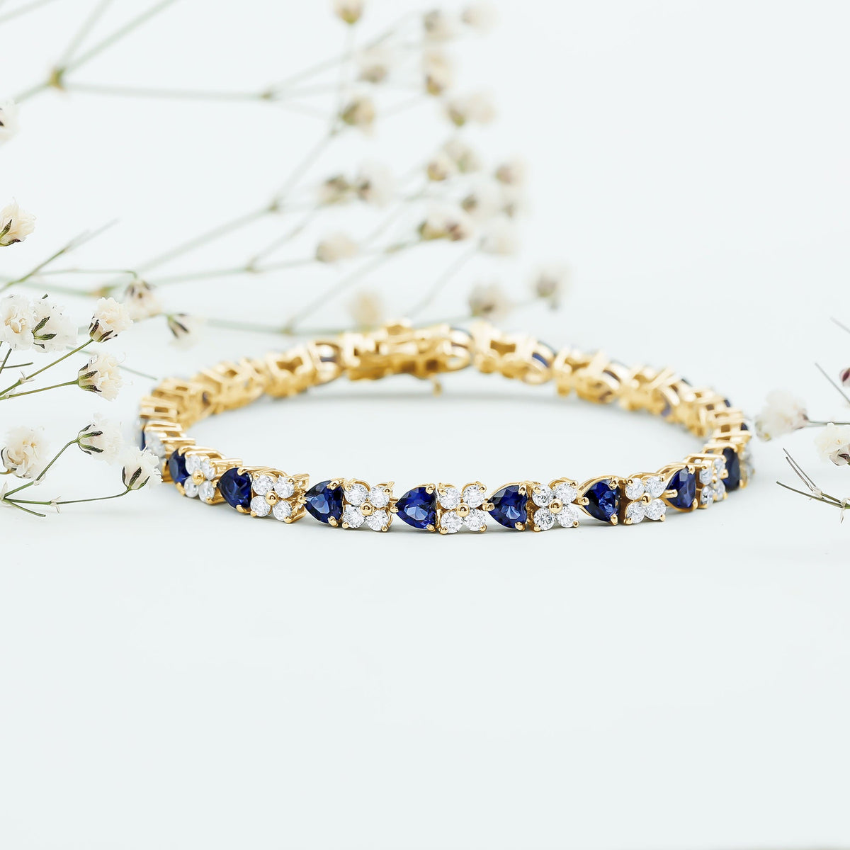 Heart Shape Lab Grown Blue Sapphire and Diamond Tennis Bracelet