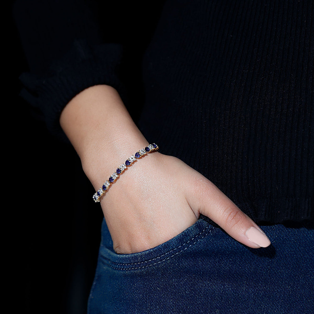 Heart Shape Lab Grown Blue Sapphire and Diamond Tennis Bracelet