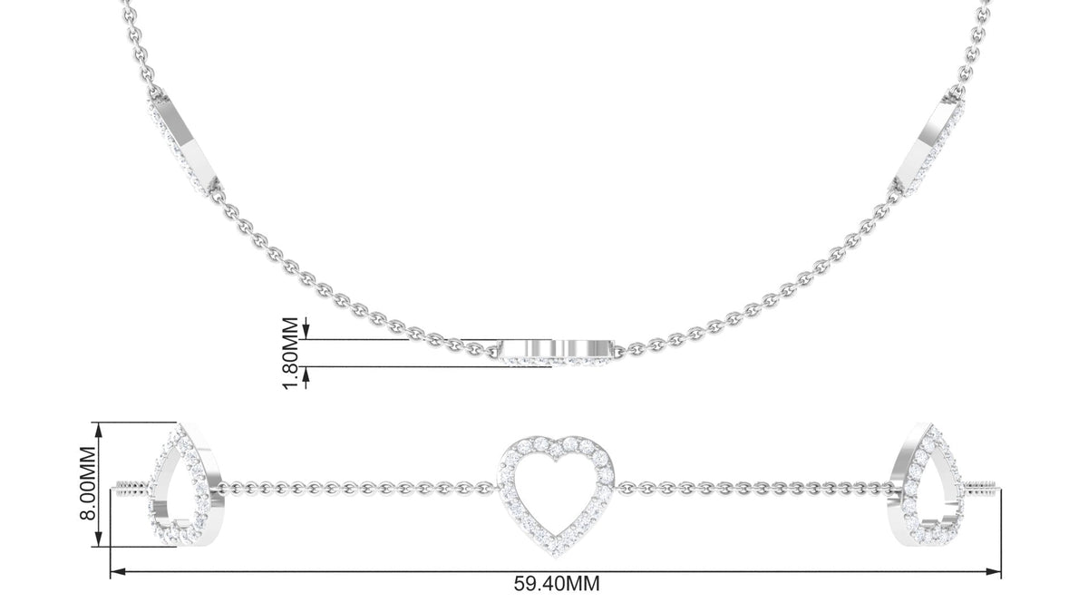 Certified diamond heart chain bracelet by Rosec Jewels featuring prong-set diamonds on a delicate gold chain.