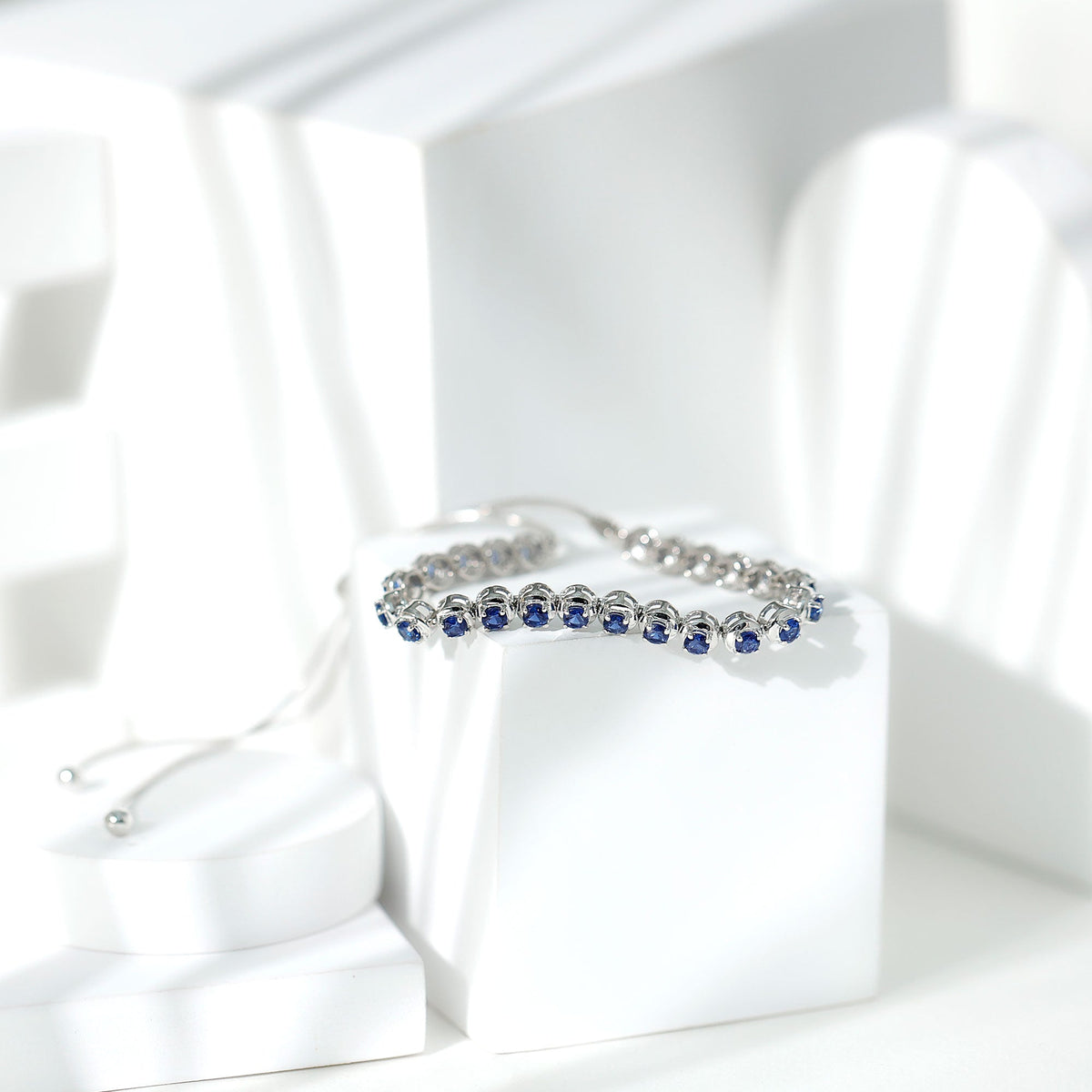Lab Grown Blue Sapphire Tennis Bolo Bracelet with Rope Chain