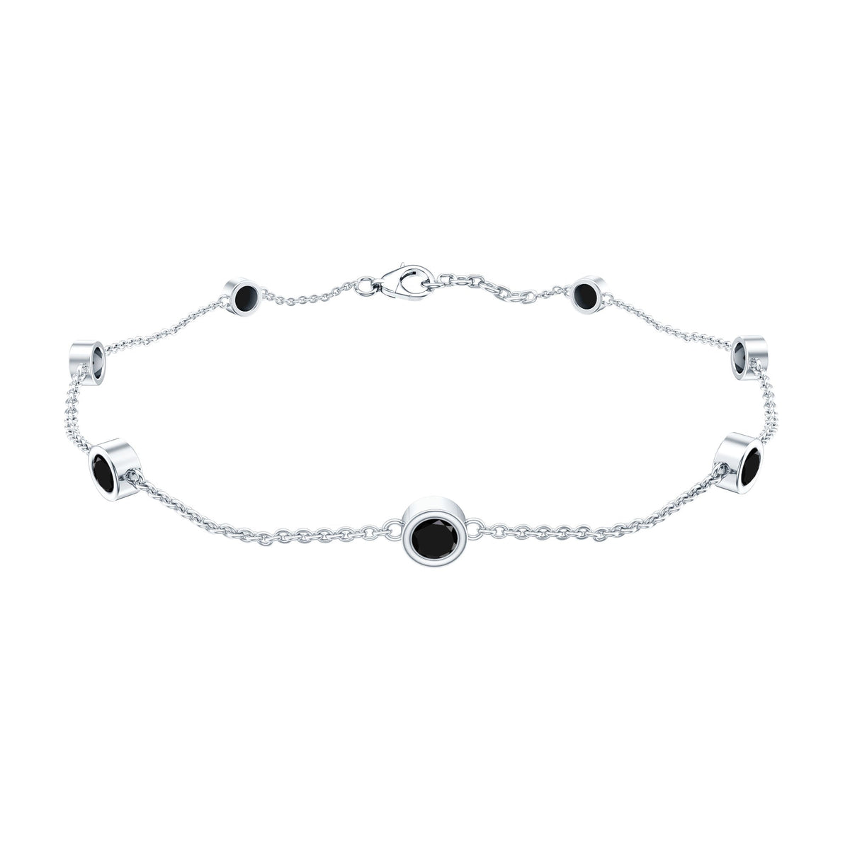 Bezel set black onyx seven-stone station chain bracelet by Rosec Jewels featuring alternating oval gemstones.
