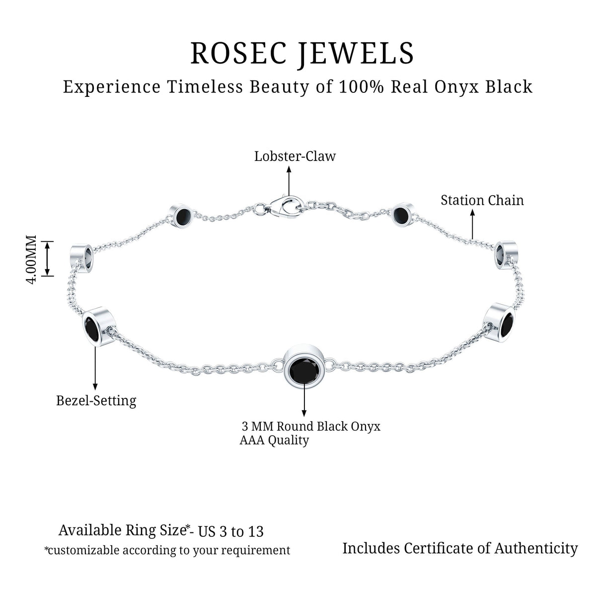 Bezel set black onyx seven-stone station chain bracelet by Rosec Jewels with alternating black onyx stones and silver links