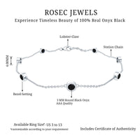 Bezel set black onyx seven-stone station chain bracelet by Rosec Jewels with alternating black onyx stones and silver links