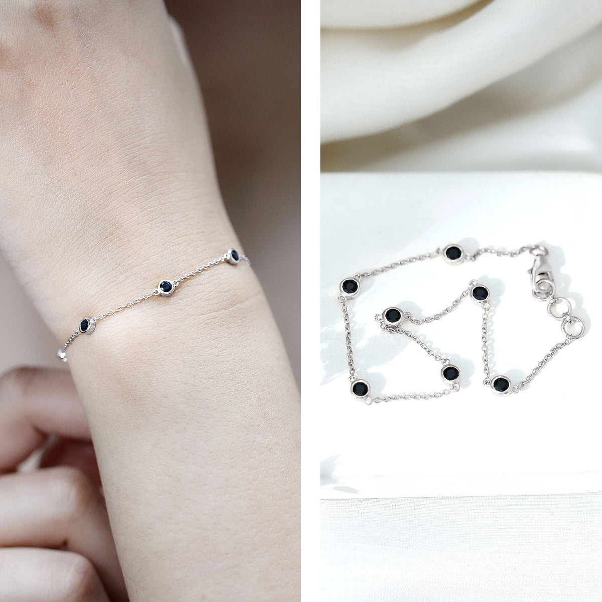 Bezel set black onyx seven-stone station chain bracelet by Rosec Jewels showing a silver bracelet with black onyx stones.