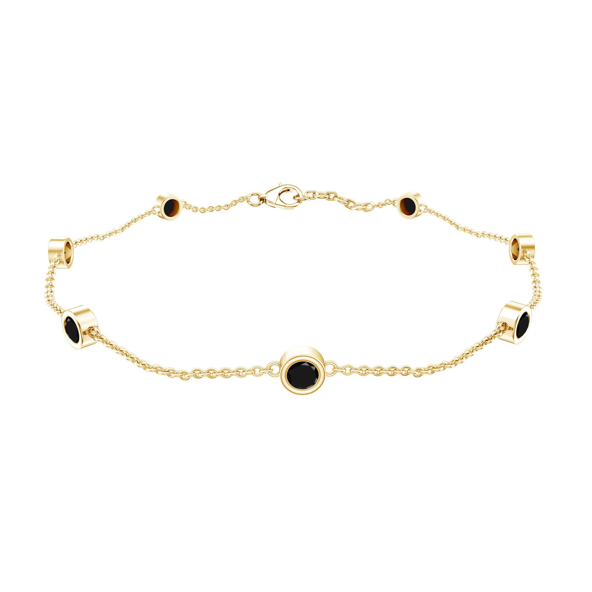 Bezel set black onyx seven-stone station chain bracelet by Rosec Jewels featuring polished black onyx stones on a silver chain.