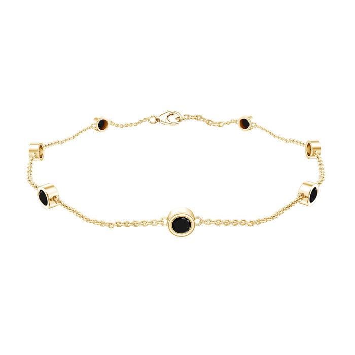 Bezel set black onyx seven-stone station chain bracelet by Rosec Jewels featuring polished black onyx stones on a silver chain.