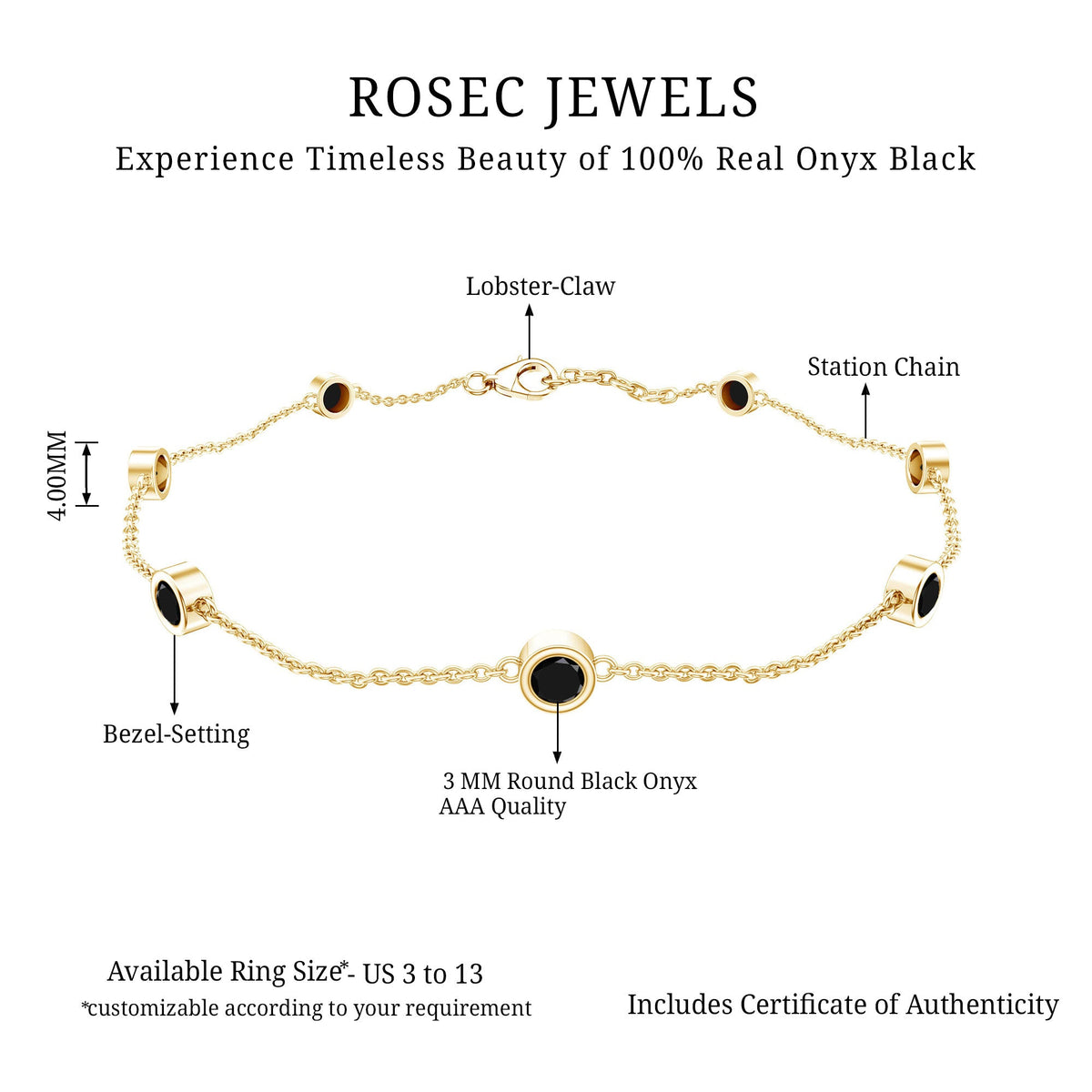 Bezel set black onyx seven-stone station chain bracelet by Rosec Jewels featuring polished onyx stones on a delicate chain.
