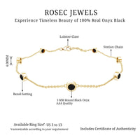 Bezel set black onyx seven-stone station chain bracelet by Rosec Jewels featuring polished onyx stones on a delicate chain.