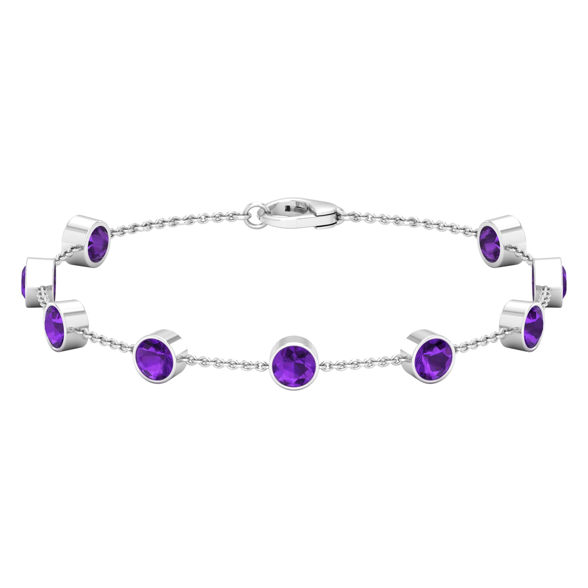 Bezel set amethyst station chain bracelet for women by Rosec Jewels, featuring purple gemstone beads on a delicate silver chain.