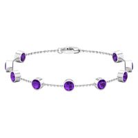 Bezel set amethyst station chain bracelet for women by Rosec Jewels, featuring purple gemstone beads on a delicate silver chain.