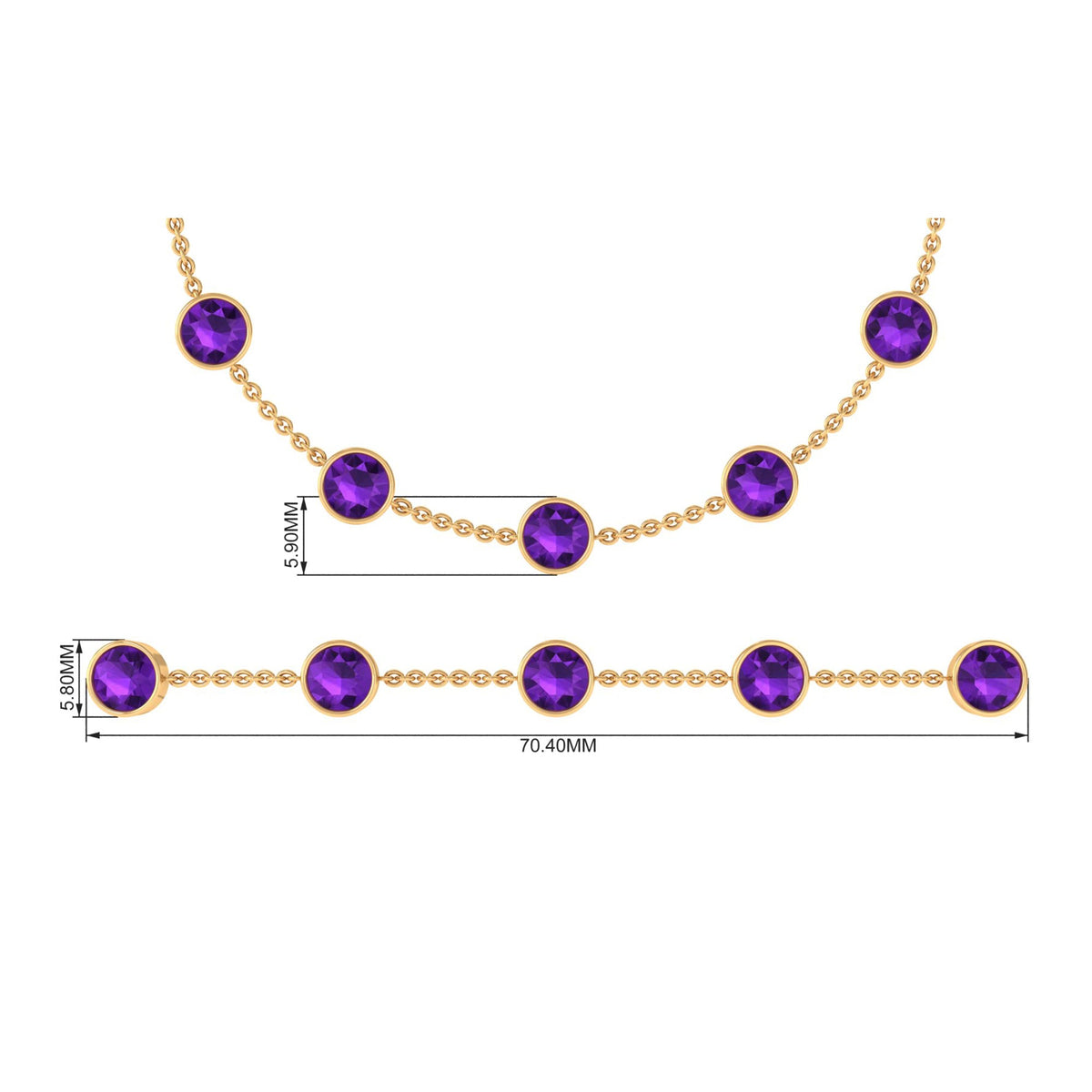 Bezel set amethyst station chain bracelet for women by Rosec Jewels featuring purple gemstones on a delicate silver chain