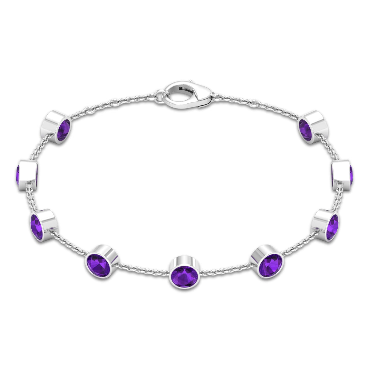 Bezel set amethyst station chain bracelet for women by Rosec Jewels featuring purple gemstones and a delicate gold chain.